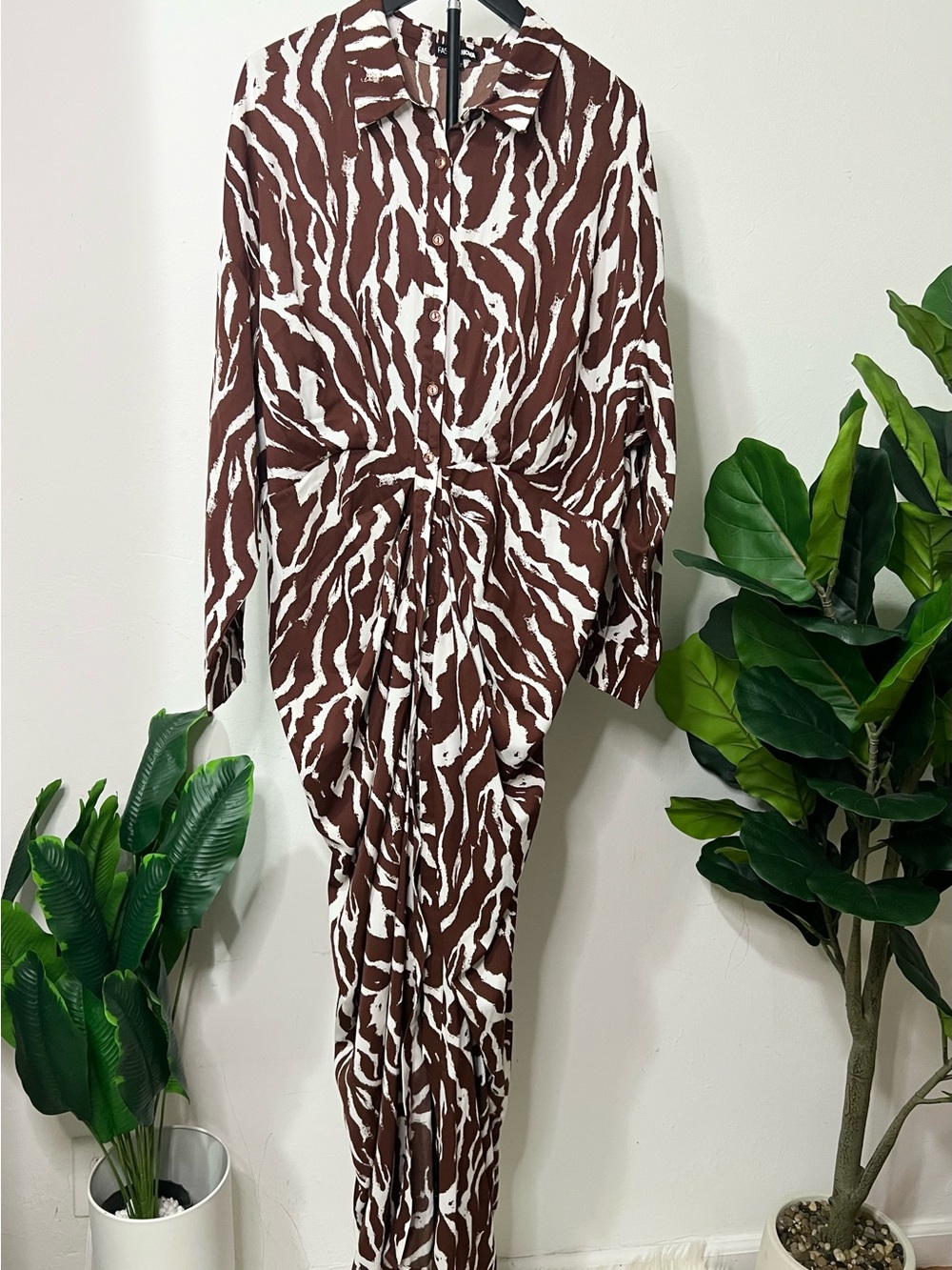 Fashion Nova 2X Brown White Zebra Print Ruched Button Front Maxi Dress
